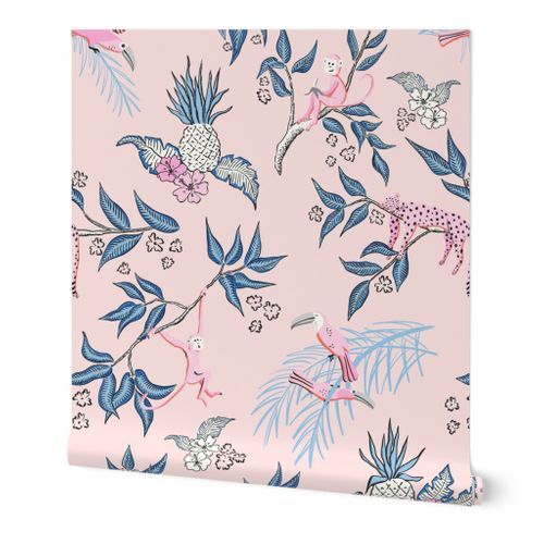 jungle toile/pink and blue/large | Spoonflower