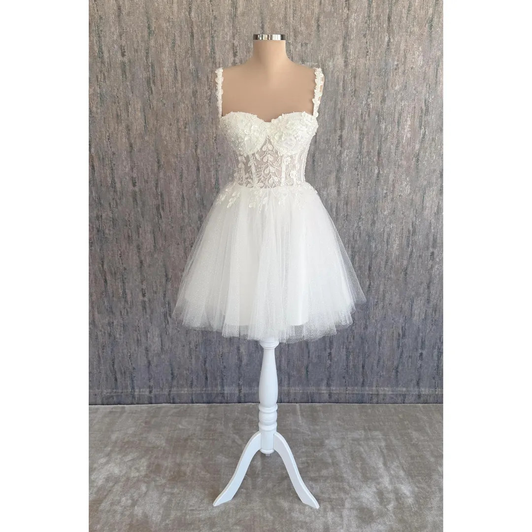 White Glitter Tulle Mini Wedding Dress: 3D Floral Lace Corset | Etsy (US)