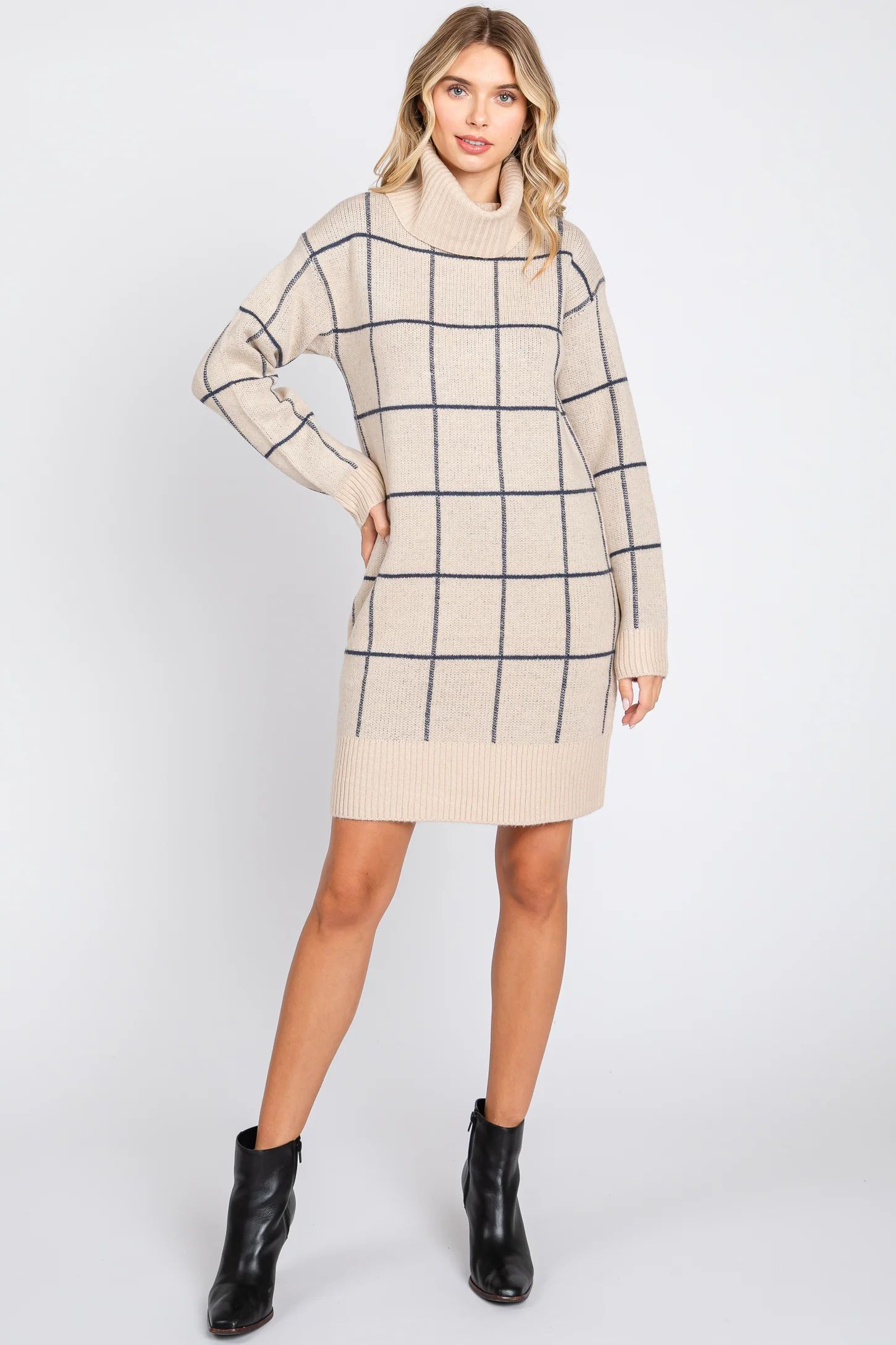 Taupe Windowpane Turtleneck Sweater Dress | PinkBlush Maternity