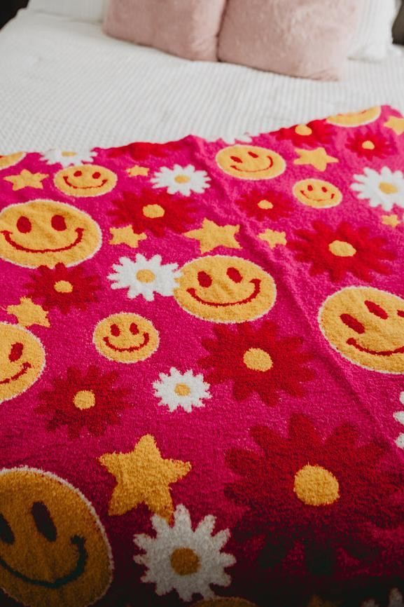 Red Flower Smiley Face Oversized Throw Blanket | Katydid.com