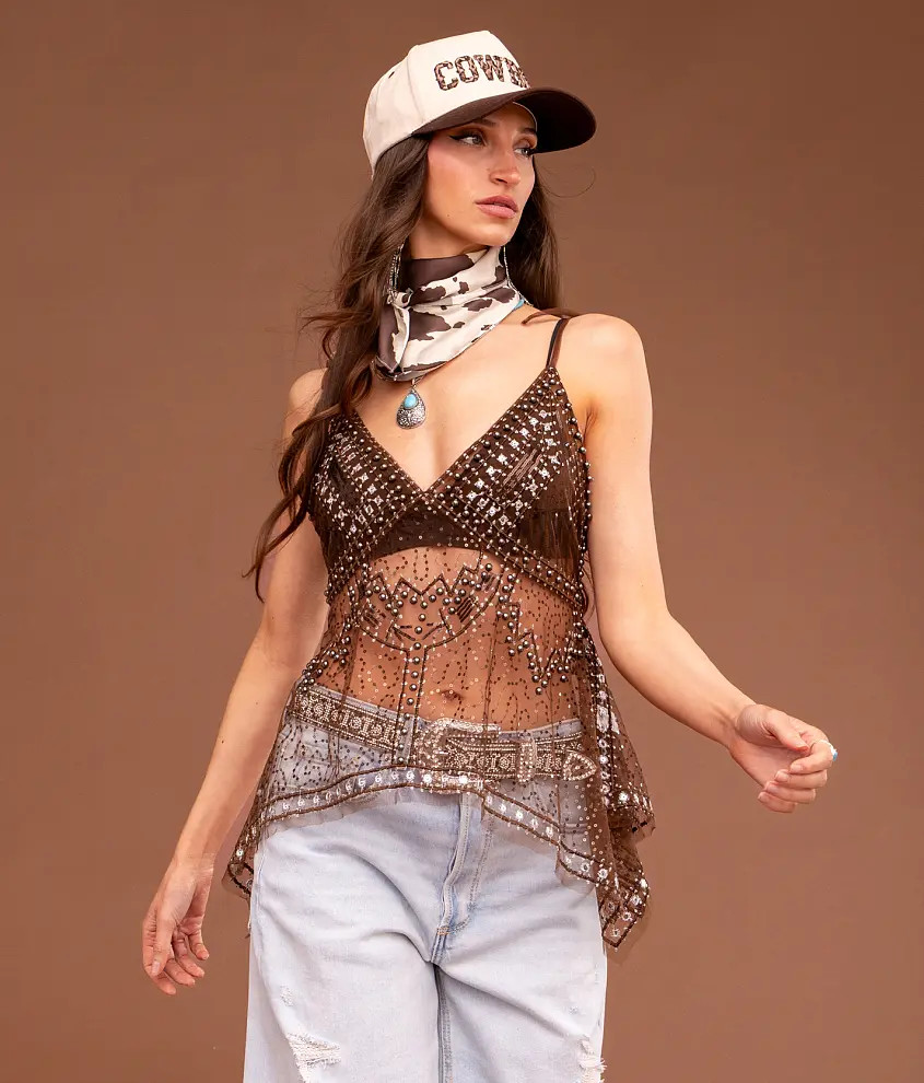 Embroidered Sequin Mesh Tank Top | Buckle