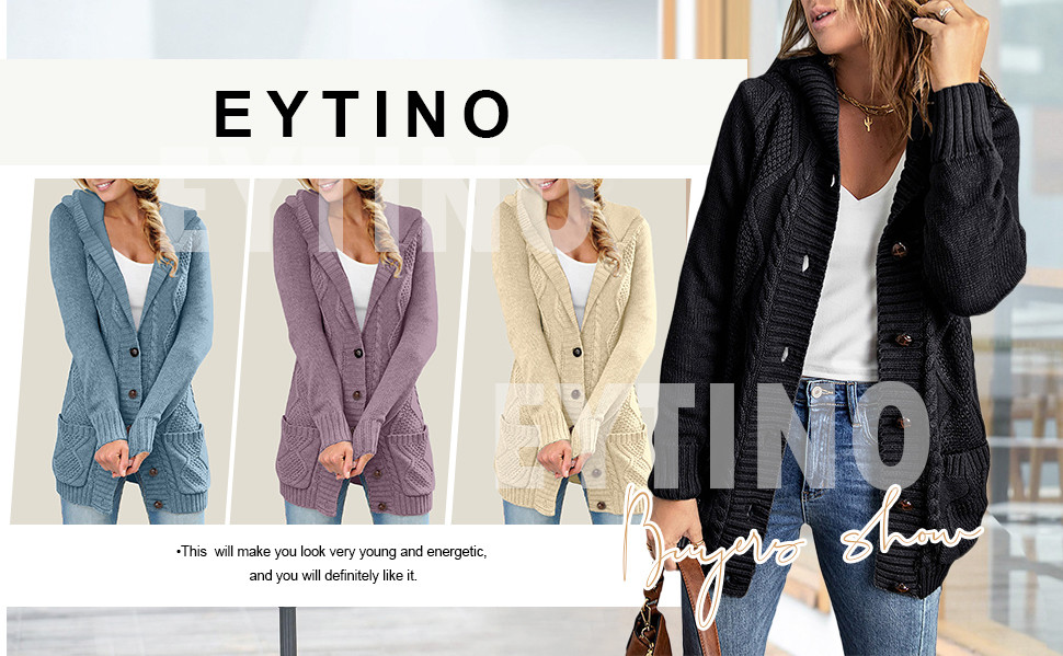 Eytino Hooded Cardigan Sweaters for Women Long Sleeve Button Down Knit Sweater Coat Outwear with ... | Walmart (US)