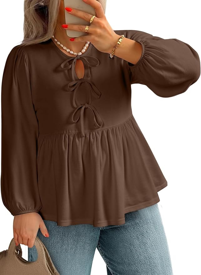 AlvaQ Womens Plus Size Tops Fall Fashion Bow Tie Front Puff Sleeve Crewneck Babydoll Peplum Blous... | Amazon (US)
