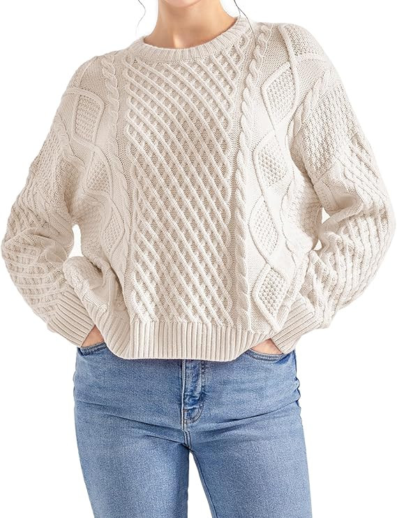 SUUKSESS Women Oversized Cable Knit Sweater Fall Long Sleeve Crew Neck Pullover Tops 2024 | Amazon (US)