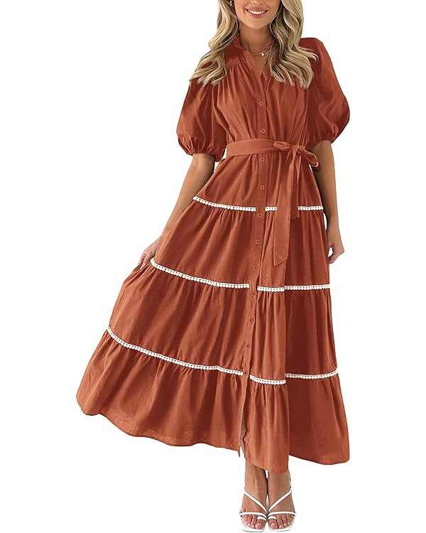 PRETTYGARDEN Women's Summer Button Down Shirt Dress Short Puffy Sleeve Tiered Ruffle Flowy Long M... | Amazon (US)