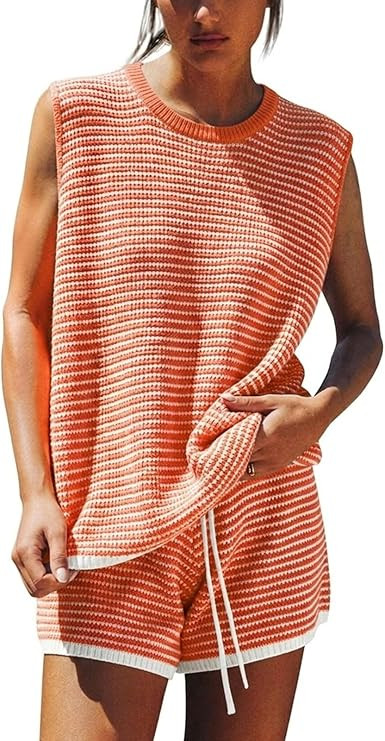 EXLURA Women's Sleeveless Sweater Set 2 Piece Outfits Striped Crewneck Knit Tank Tops and Shorts ... | Amazon (US)