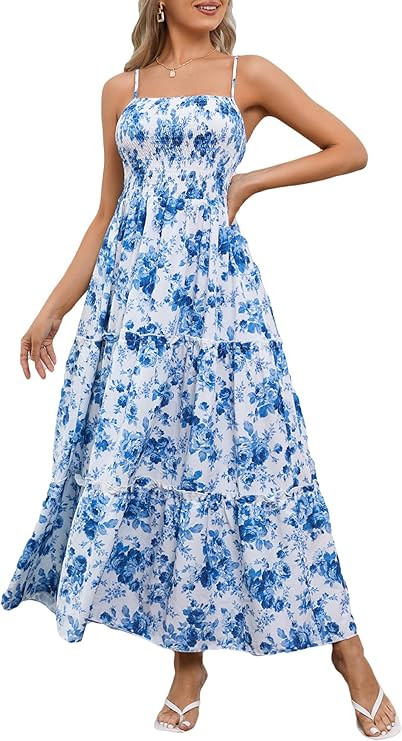 MakeMeChic Women's Wedding Guest Dresses Maxi Floral Spaghetti Strap Ruffle Sunflower Fall Dress | Amazon (US)