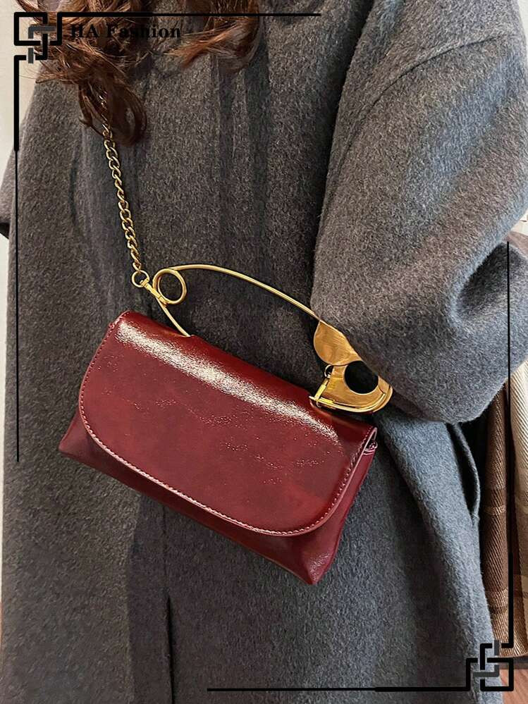 Retro Burgundy Color Shoulder Bag, Unique Large Brooch Handbag, Burgundy Versatile Crossbody Bag For Women, Suitable For Daily Office Use, Fashionable Burgundy Bag | SHEIN