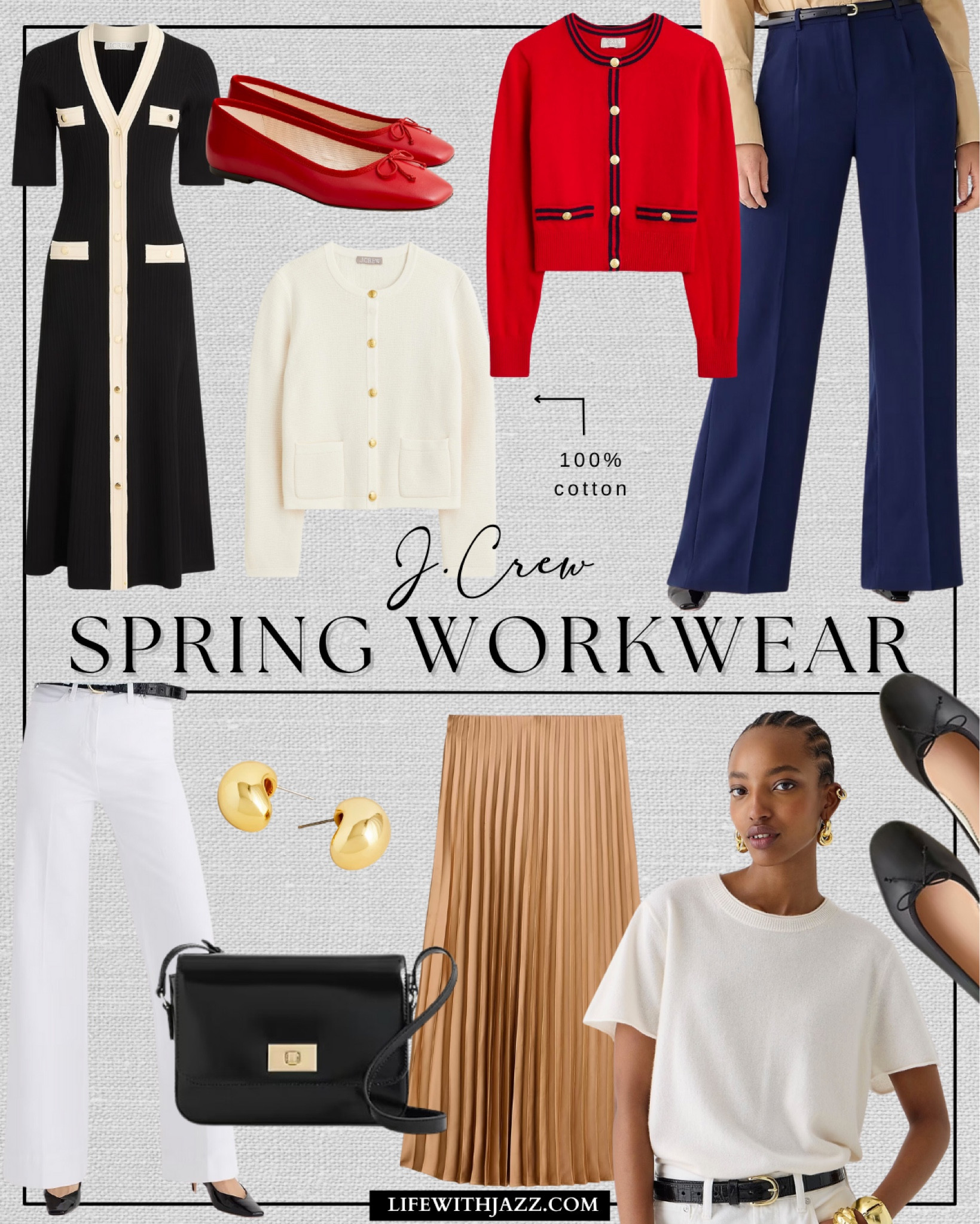 Jcrew spring workwear roundup with a pop of red ❤️

Workwear / office outfits / classic style / sweater jackets / dress / trousers / tailored pants / white jeans / pleated skirt / purse / gold jewelry / earrings / pop of red / black flats 

#LTKworkwear #LTKSpringSale