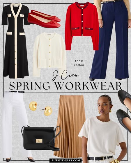Jcrew spring workwear roundup with a pop of red ❤️

Workwear / office outfits / classic style / sweater jackets / dress / trousers / tailored pants / white jeans / pleated skirt / purse / gold jewelry / earrings / pop of red / black flats 

#LTKworkwear #LTKSpringSale