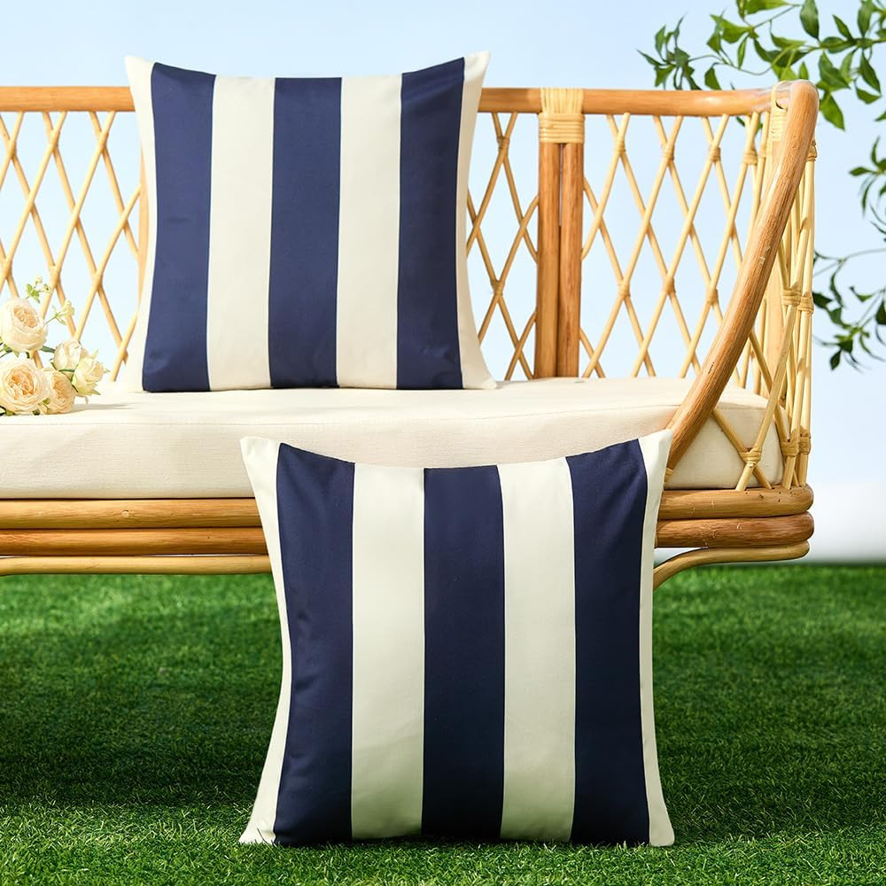 Outdoor Pillow Covers 18x18 Set of 2 Navy Blue Striped Decoration Throw Pillow Covers for Spring ... | Amazon (US)