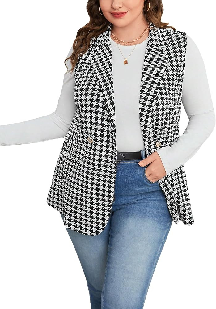 WDIRARA Women's Plus Size Houndstooth Print Vest Blazer Double Breasted Sleeveless Jacket | Amazon (US)
