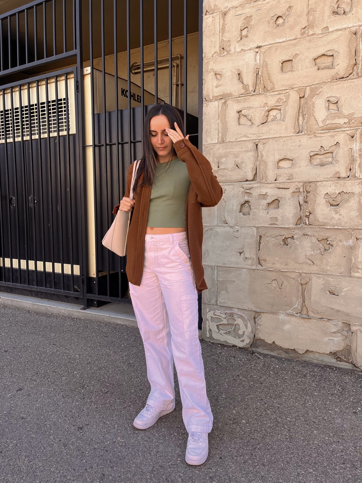 OOTD / running errands in a green baby tee with white cargo pants and an Aritzia shacket. Linked similar pants. Perfect spring outfit! 

#LTKSeasonal #LTKstyletip #LTKshoecrush
