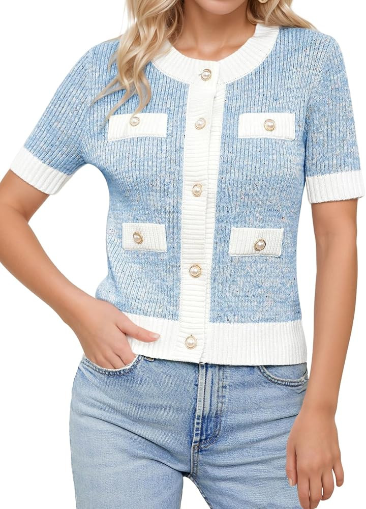 LCXWFE Womens Cropped Short Sleeve Cardigan Sweaters Crew Neck Button Down Tweed Cardigans Knitwe... | Amazon (US)