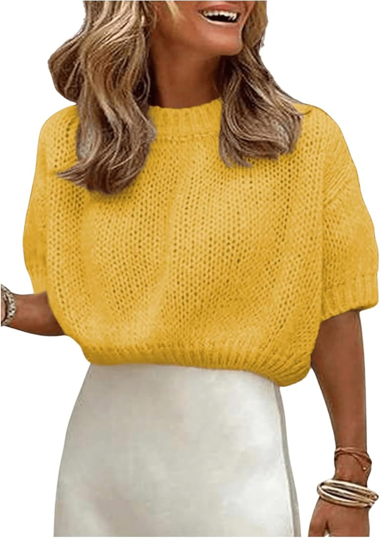 GORGLITTER Women's Short Puff Sleeve Cropped Sweater Tops Cute Chunky Fall Fashion Knit Pullover ... | Amazon (US)