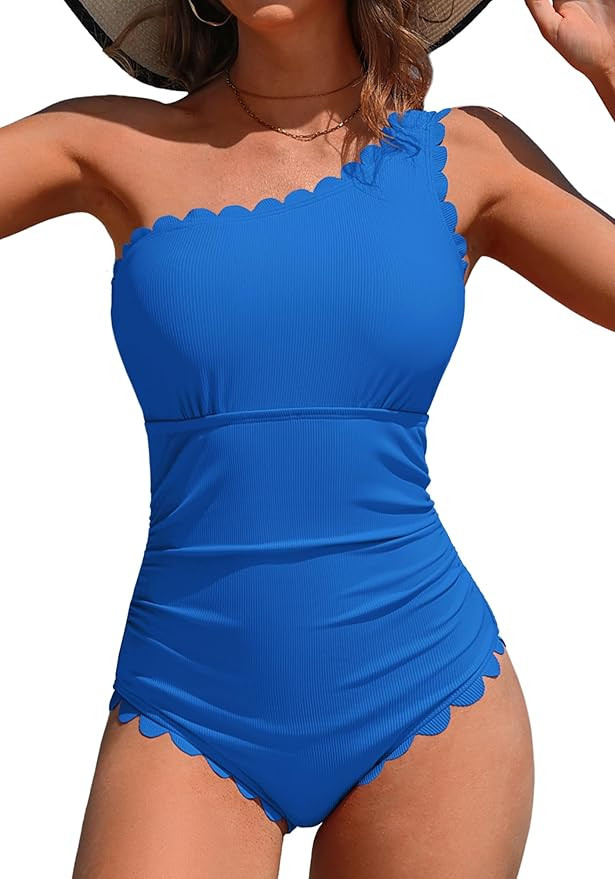 Charmo One Shoulder One Piece Swimsuit Women Ribbed Scalloped Bathing Suit Cutout 1 Piece Slimmin... | Amazon (US)