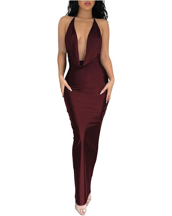 Milumia Women's Sexy Tie Backless Draped Deep V Neck Halter Bodycon Maxi Dress Party Clubwear | Amazon (US)
