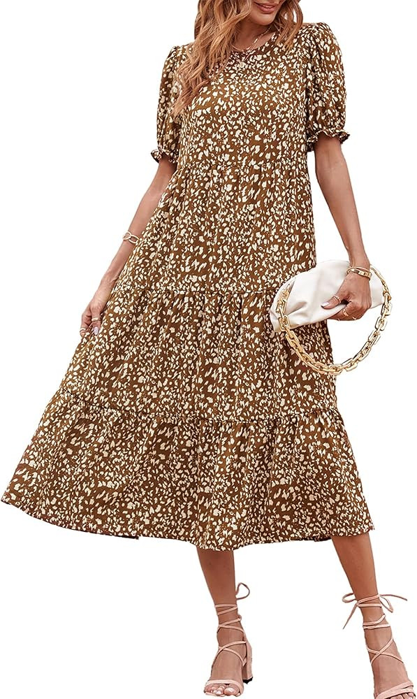 PRETTYGARDEN Women's Summer Casual Boho Dress Floral Print Ruffle Puff Sleeve High Waist Midi Bea... | Amazon (US)