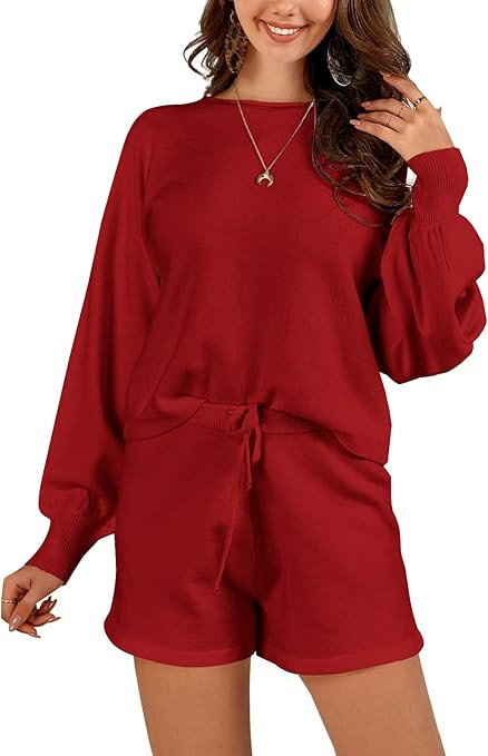 FISACE Womens 2 Piece Knit Outfits Batwing Sleeve Lounge Sets Casual Crop Top Shorts Sweatsuit | Amazon (US)