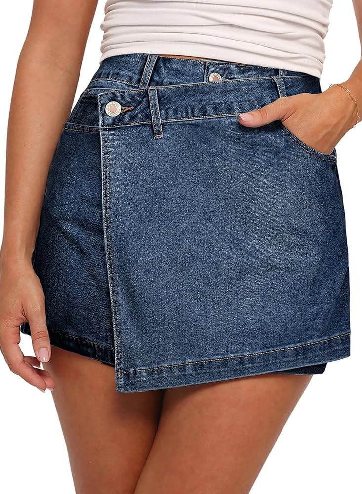 Sidefeel Skorts for Woman High Waisted Jean Skort Wrap Stretchy Asymmetrical Skorts | Amazon (US)