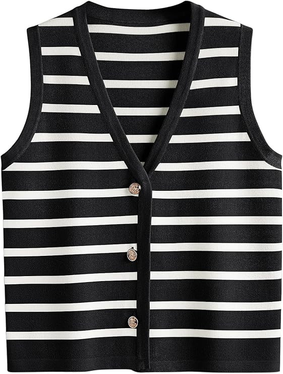 LILLUSORY Vest Tops for Women Striped Sweater Vest 2024 Fall Crochet Cropped Button Up Work Tank ... | Amazon (US)