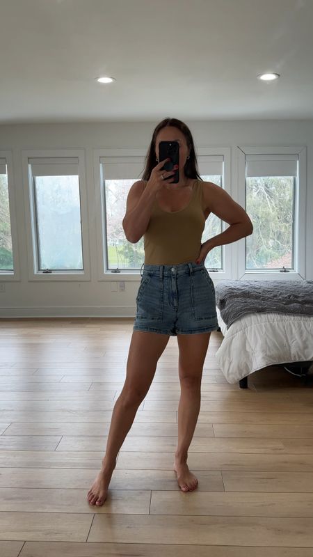 I love these denim shorts. They are so comfortable and great quality, and they even have stretch! The tank feels and looks like a bodysuit and has a nice long length without the snaps!! 

#LTKsalealert #LTKfindsunder50 #LTKVideo