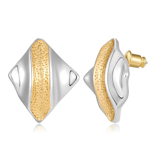 ENSKEFEN Mixed Metal Square Stud Earrings for Women Gold and Silver Two-Tone Minimalist Geometric Earrings Vintage Statement Chunky Trendy Earring | Amazon (US)