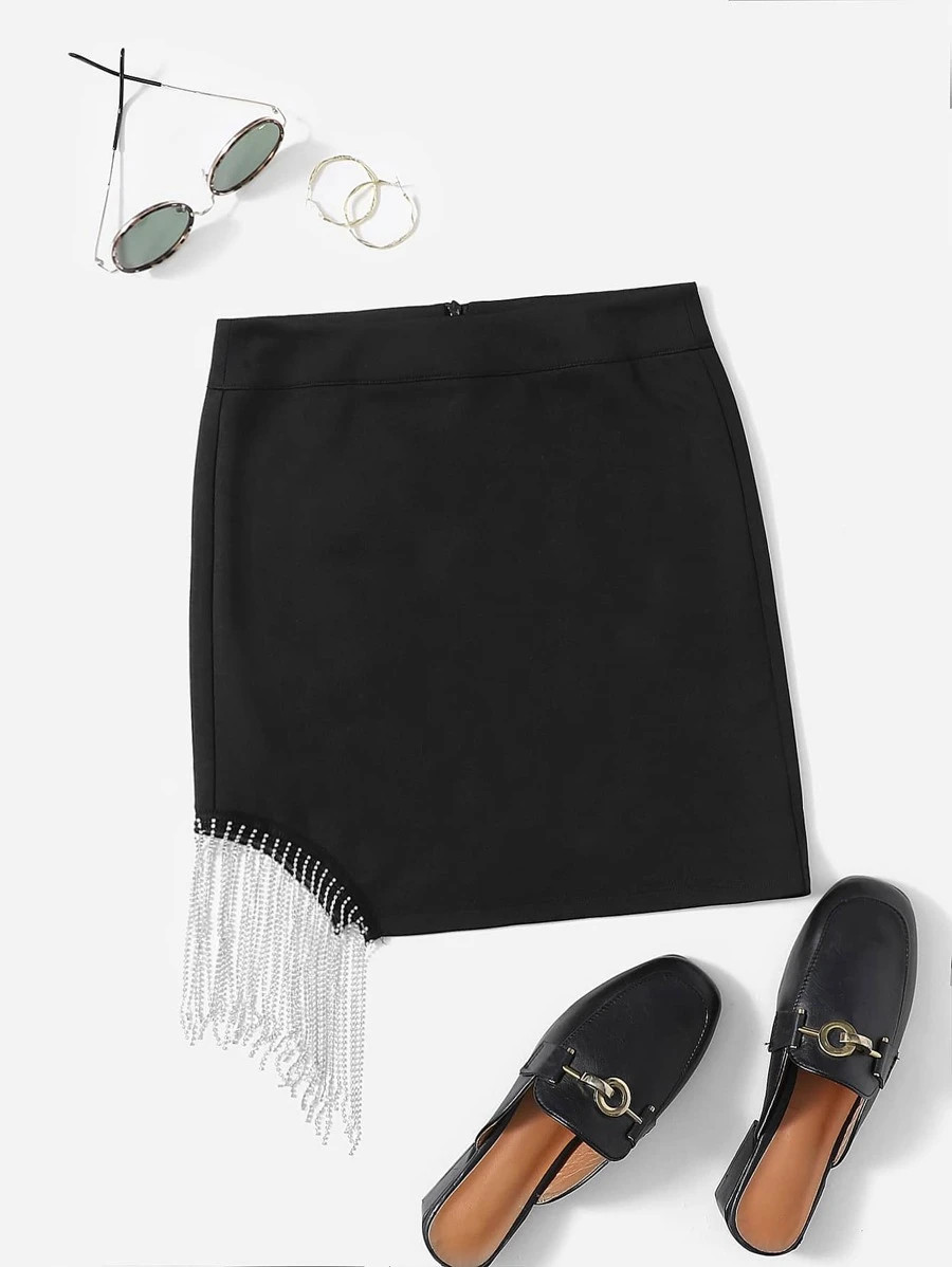 Fringe Trim Asymmetrical Hem Skirt
   SKU: sw2203171528297977      
          (9 Reviews)
       ... | SHEIN