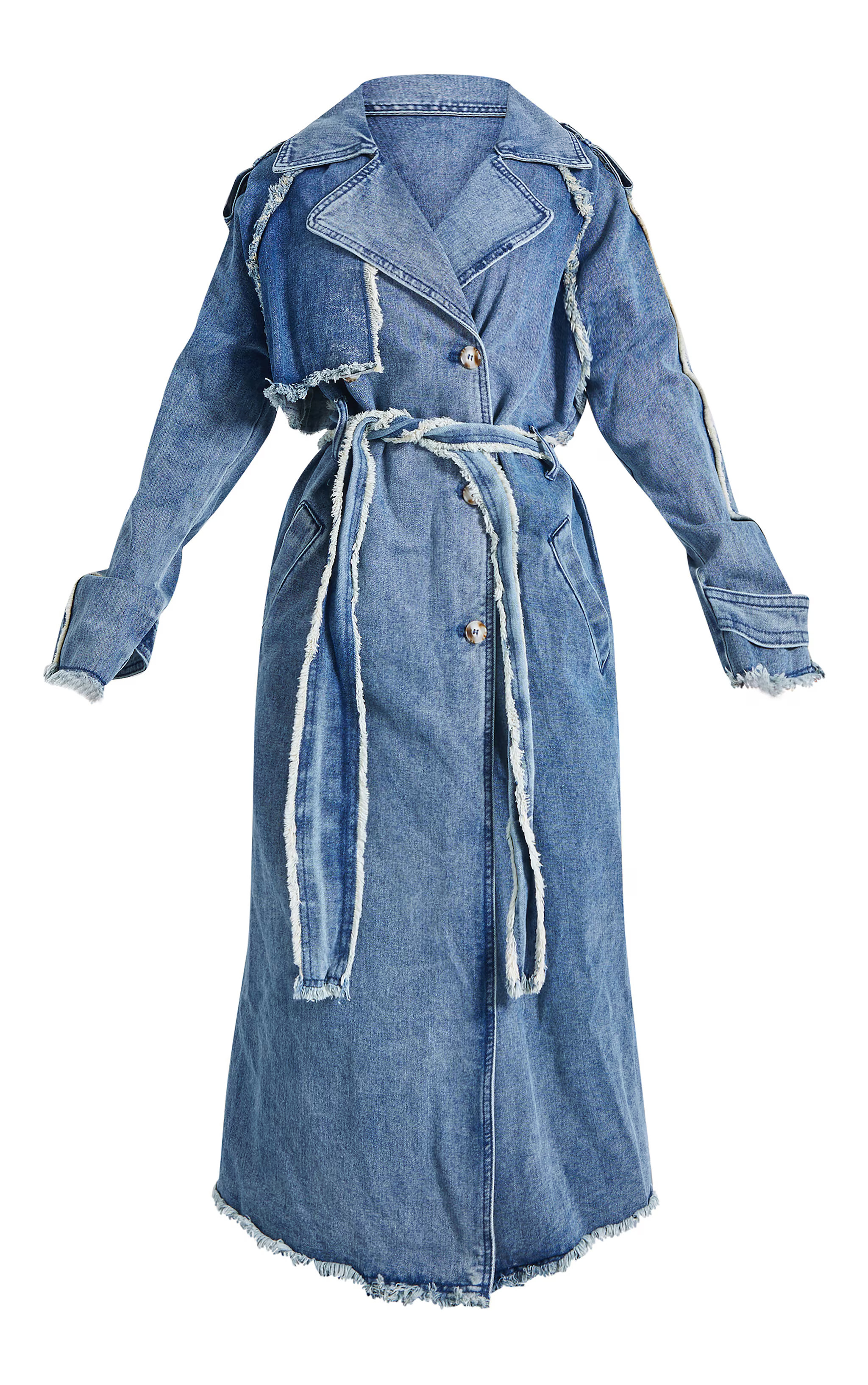 Petite Mid Blue Wash Denim Frayed Edge Maxi Trench Coat | PrettyLittleThing US