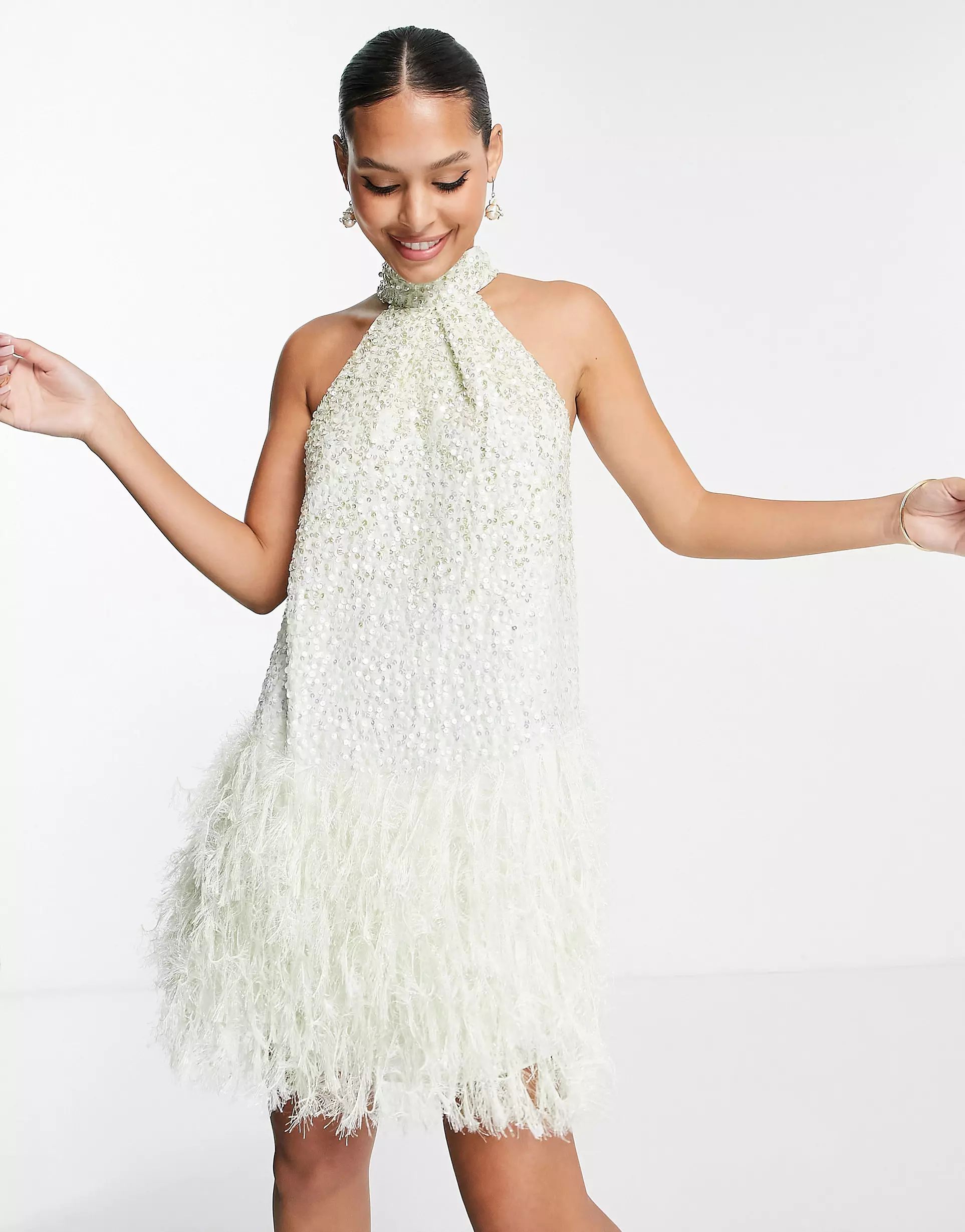ASOS EDITION sequin halter mini dress with faux feather hem in sage green | ASOS (Global)