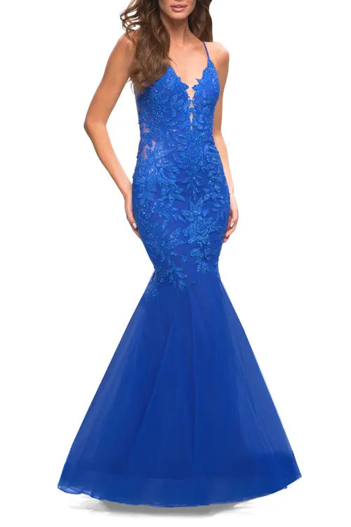 La Femme Mermaid Tulle and Lace Jeweled Prom Dress in Royal Blue at Nordstrom, Size 0 | Nordstrom