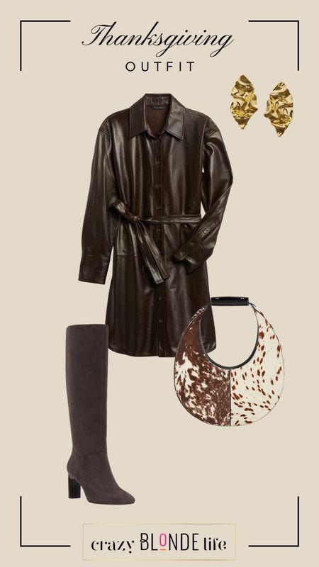 This chocolate brown leather dress from Banana Republic is perfect for fall and thanksgiving! Add some brown boots, this fun bag from STAUD and a statement earring to complete the look! 

#LTKstyletip #LTKitbag
