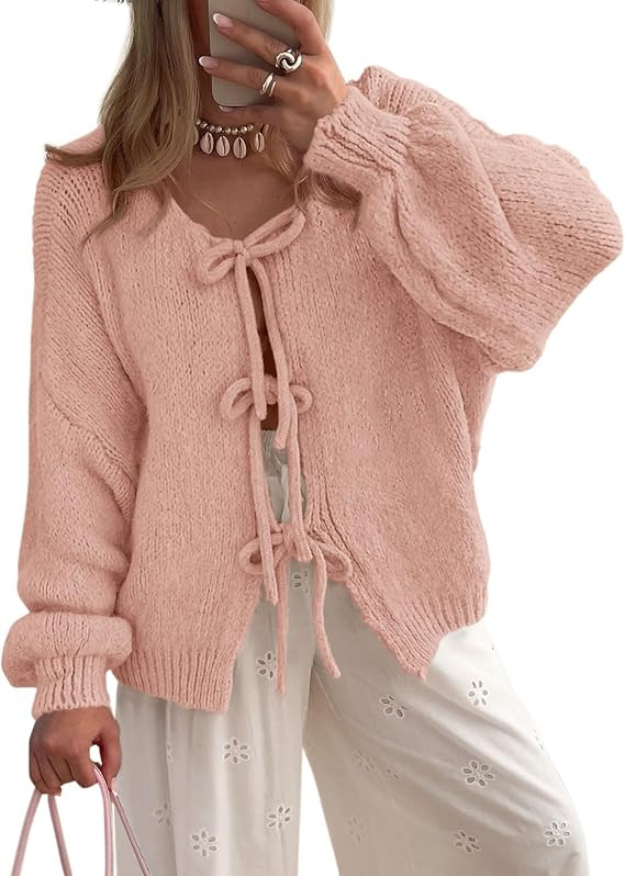 PRETTYGARDEN Women's Tie Front Bow Cardigan Sweaters Chunky Knit Long Puff Sleeve Trendy Fall Win... | Amazon (US)
