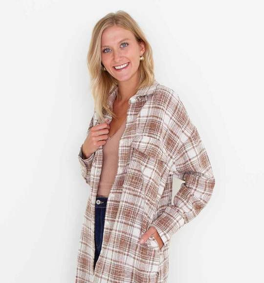 Acoa Clothing Plaid Duster Shacket for Women in Brown and White | Glik's