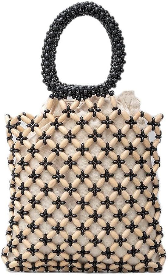 YYW Unique Handmade Wooden Bead Tote Bag for Women, Small Handwoven Clutch Purses Woven Bucket Ha... | Amazon (US)