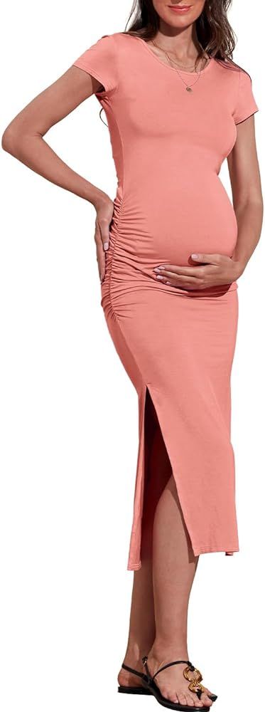 LUOFEN Women's Maternity Dress Short Sleeve Bodycon Dresses Split Maternity Dress for Baby Shower... | Amazon (US)