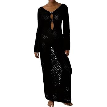 Women See Through Knit Long Dress Long Sleeve Crochet Maxi Bodycon Dress Backless Beach Bikini Co... | Amazon (US)