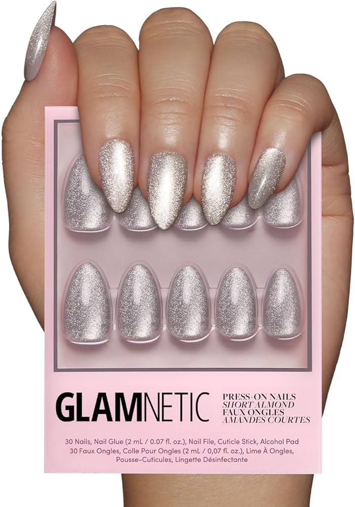 Glamnetic Press On Nails - Oslo | Short Almond Silver Shimmer Fake Nails with a Cat Eye Finish | ... | Amazon (US)