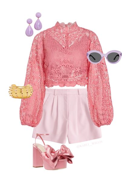 Valentines outfit inspo! Date night outfit. Girls brunch outfit: Pink lace blouse / pink shorts / pink bow heels / purple earrings / purple sunglasses / lavender sunglasses