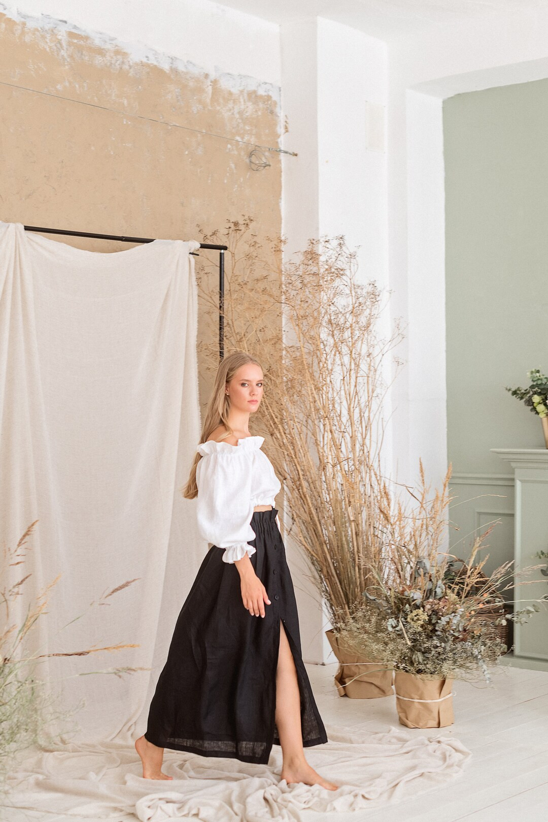 Black High Waisted Maxi Linen Skirt Button up Long Linen Skirt - Etsy | Etsy (US)
