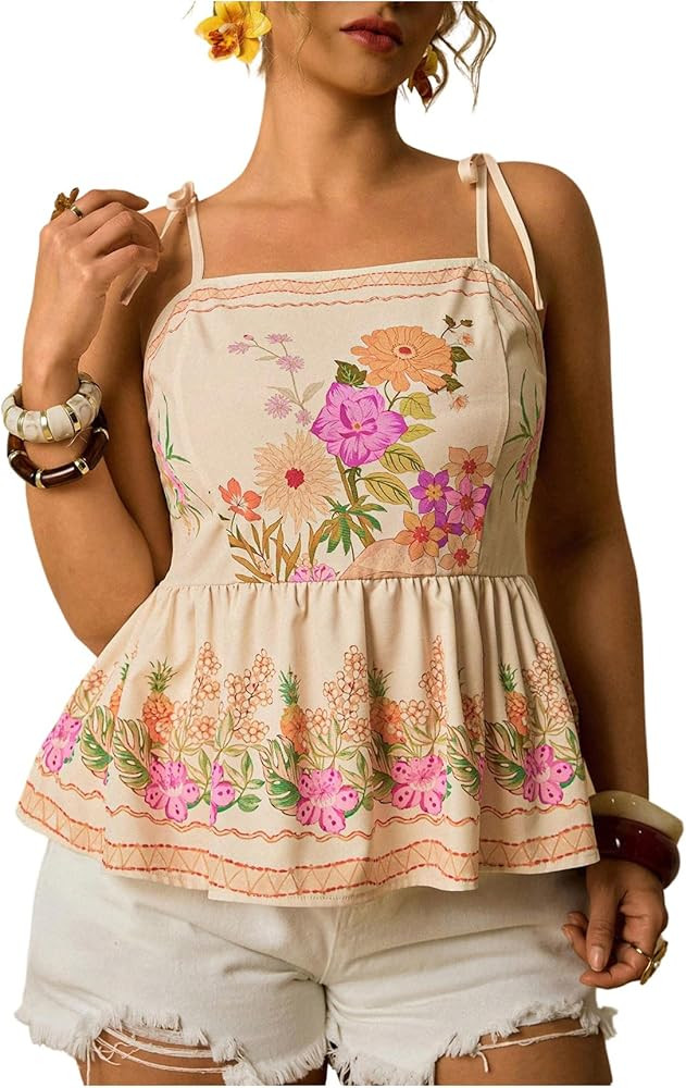 MakeMeChic Women's Plus Size Floral Tropical Top Sleeveless Fitted Boho Camisole Peplum Tops | Amazon (US)