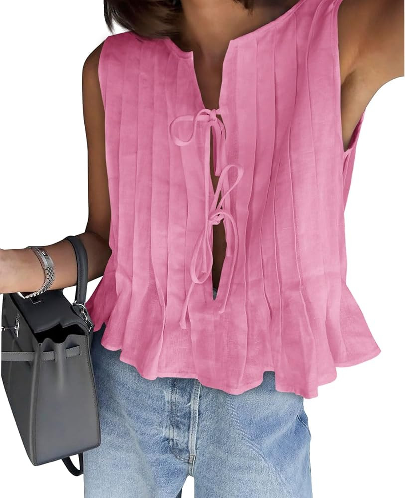 Cicy Bell Womens Bow Front Tie Tank Tops Pleated Babydoll Top Sleeveless Cute Coquette Shirt Summ... | Amazon (US)