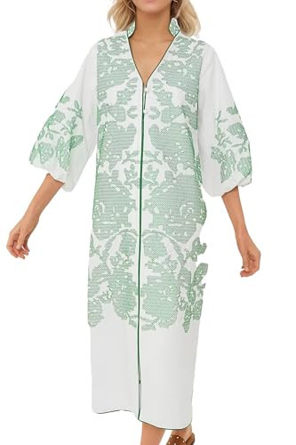 D-Sun Women Floral Embroidered Mid Dress 3/4 Sleeves Casual V-Neck Spring Summer Tunic Loose Zip ... | Amazon (US)