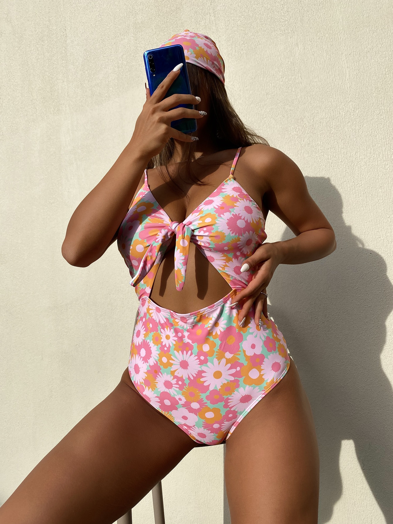 EMERY ROSE Floral Print Cut-out Knot Front One Piece Swimsuit & Bandana | SHEIN