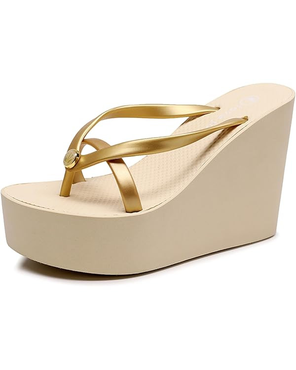 FAGLKAK Women's Elastic Lace-Up Slip On Platform Wedge Flip Flop Fashion Round Peep Toe Non-Slip ... | Amazon (US)