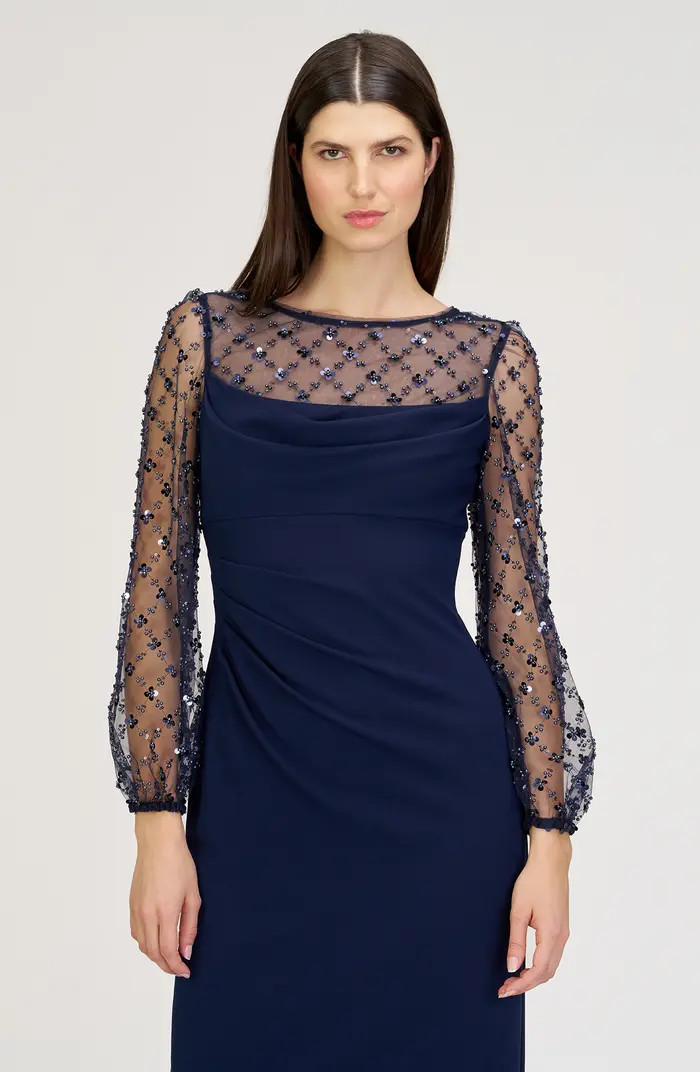 Risha Metallic Floral Appliqué Detail Long Sleeve Crepe Column Gown | Nordstrom
