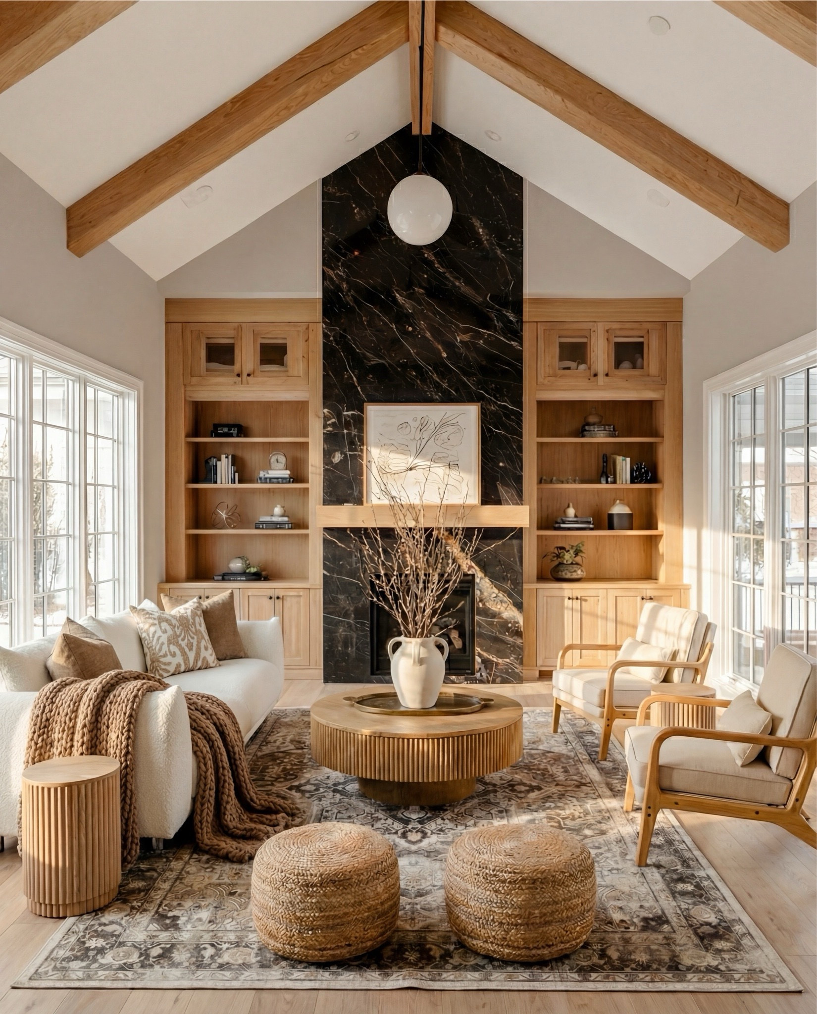 Soft, warm, and beautifully layered — this living room is the definition of modern comfort with an elevated, designer feel. The black marble fireplace creates a stunning focal point, while the natural oak built-ins and exposed beams bring in that cozy, sun-washed warmth. A boucle sofa, fluted wood accents, and woven textures add dimension, and the vintage-washed rug ties the whole palette together with soft neutrals and chocolate undertones. This space feels lived-in, luxe, and effortlessly inviting.

Shop the Look:
• White boucle curved sofa
• Fluted round wood coffee table
• Fluted honey-oak side table
• Oversized chunky knit throw in caramel brown
• Neutral patterned and solid throw pillows
• Natural oak accent chairs with cream cushions
• Woven round jute poufs
• Vintage-washed neutral area rug
• Black marble fireplace surround
• Large white ceramic vase with branches
• Light oak built-ins with modern styling decor
• Globe pendant ceiling light

#LTKSaleAlert #LTKHome