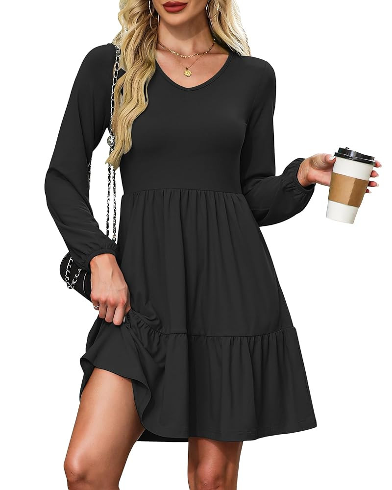 AUSELILY Womens Long Sleeve Dress 2025 Fall Casual V Neck Tiered Swing Flowy A-line Mini Short Dr... | Amazon (US)