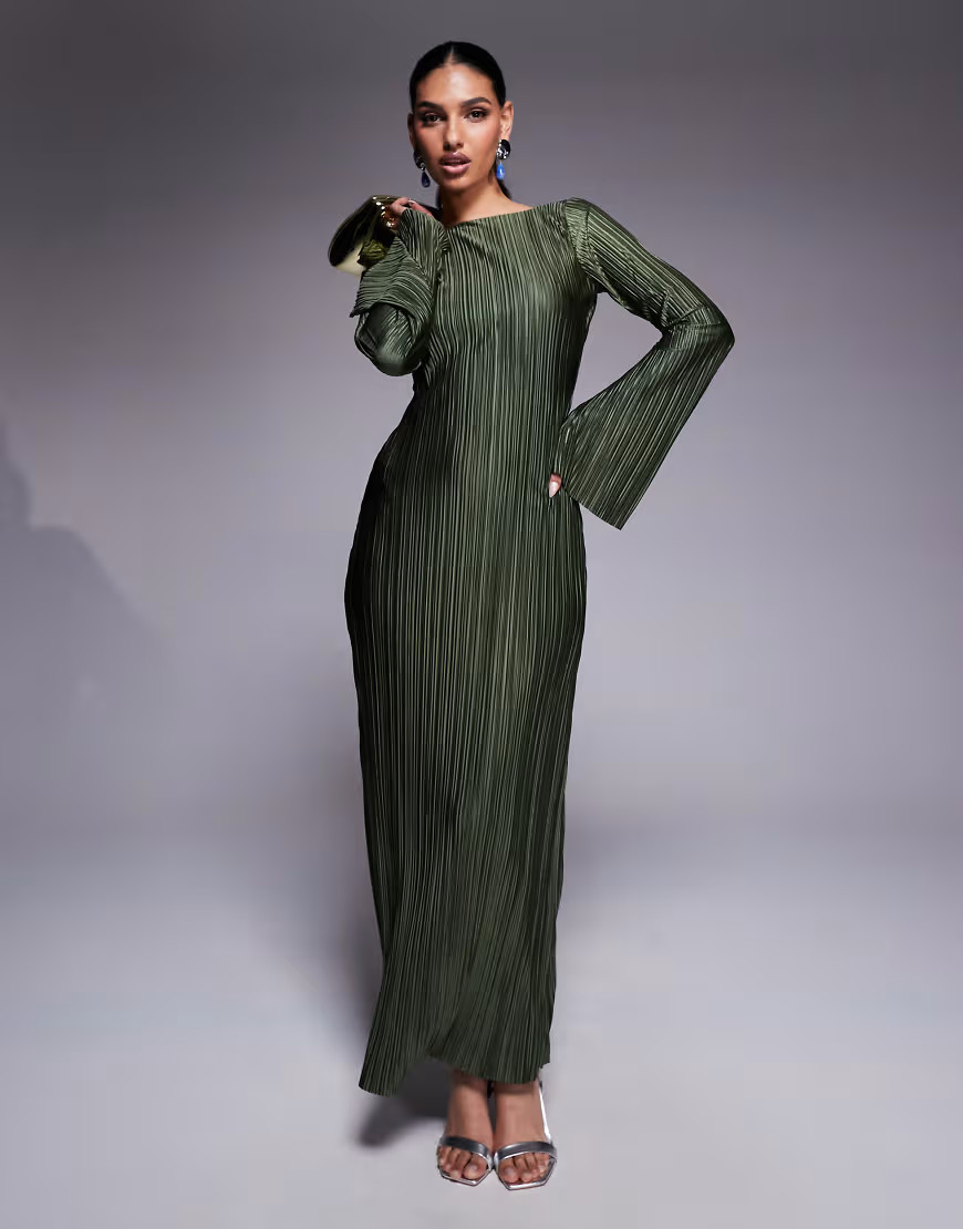 ASOS DESIGN low back plisse maxi dress with angel sleeves in soft khaki-Green | ASOS (Global)