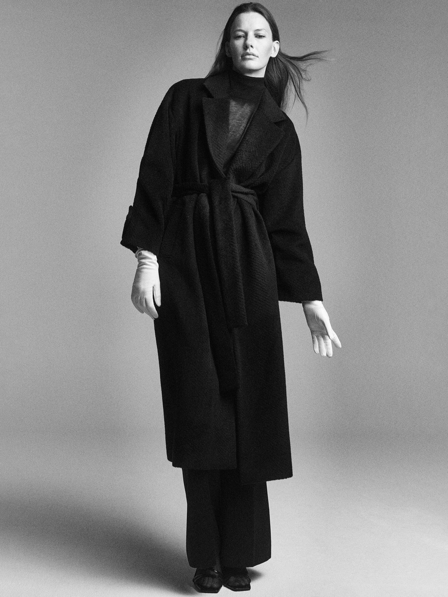 Black textured satin coat | Massimo Dutti US